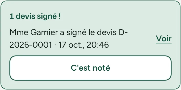 Accueil de Clou : « 1 devis signé ! Mme Garnier a signé le devis D-2026-0001 »