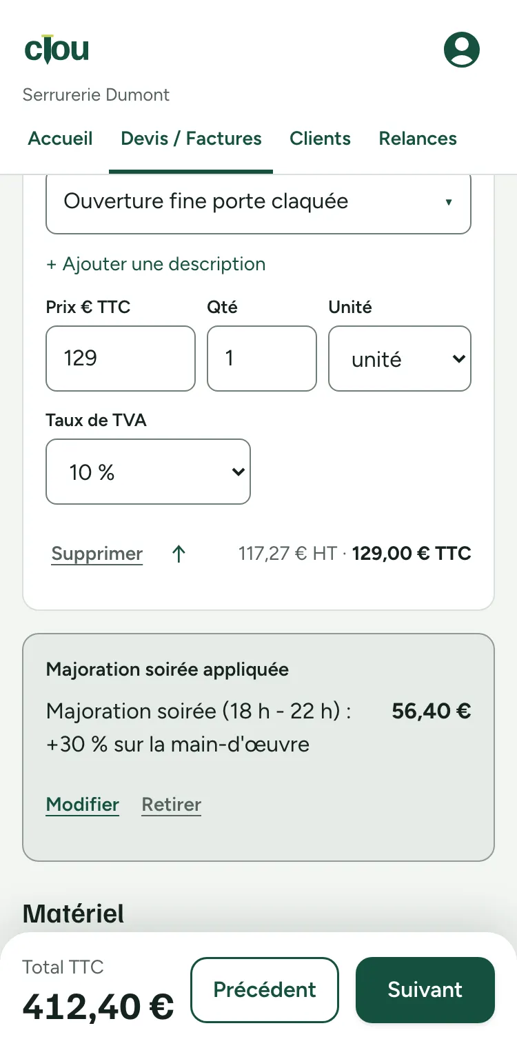 Ligne « Ouverture fine porte claquée » et majoration de soirée de 30 % appliquée toute seule