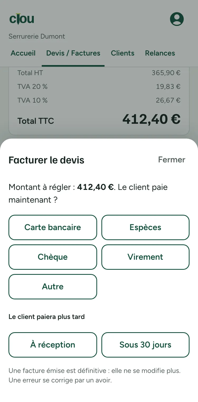 Facturer le devis : le client paie par carte, espèces, chèque ou virement