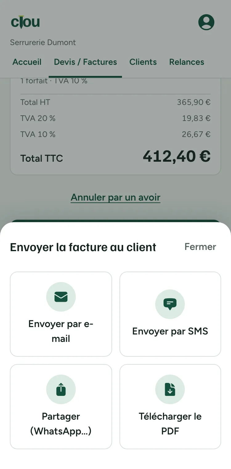 Envoi de la facture au client par e-mail, SMS ou WhatsApp