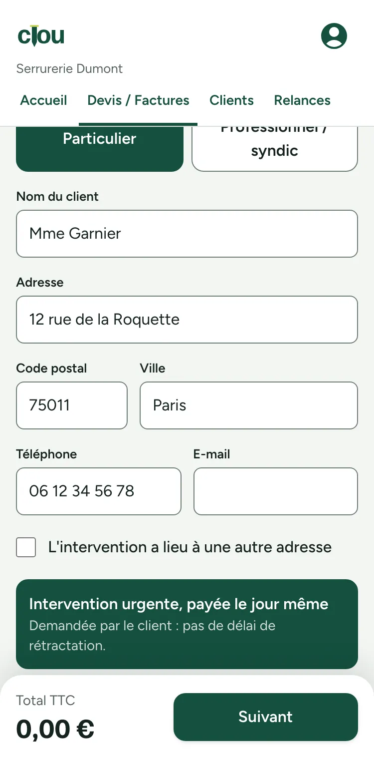 Nouveau devis dans Clou : nom du client, adresse, intervention urgente